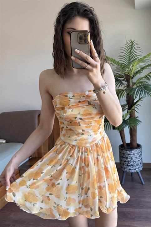 Sarı Rose Gümüş Biyeli Straplez Elbise