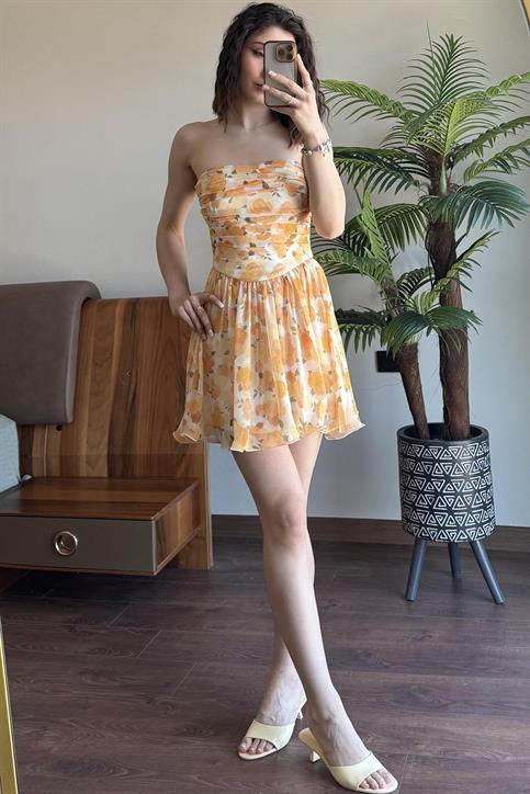 Sarı Rose Gümüş Biyeli Straplez Elbise