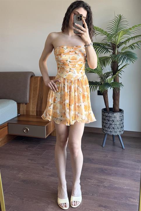 Sarı Rose Gümüş Biyeli Straplez Elbise