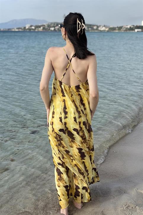 Sarı Sırt Çapraz Detaylı Batik Desen Elbise