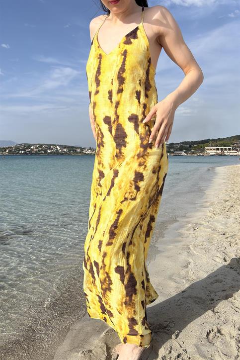 Sarı Sırt Çapraz Detaylı Batik Desen Elbise