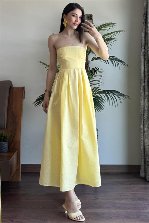 Sarı Straplez Maxi Elbise