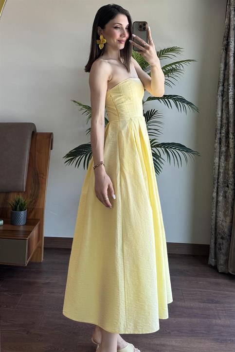 Sarı Straplez Maxi Elbise