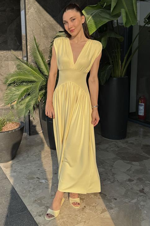 Sarı Üçgen Yaka Modal Elbise