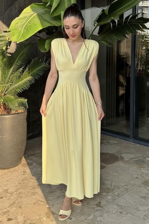 Sarı Üçgen Yaka Modal Elbise
