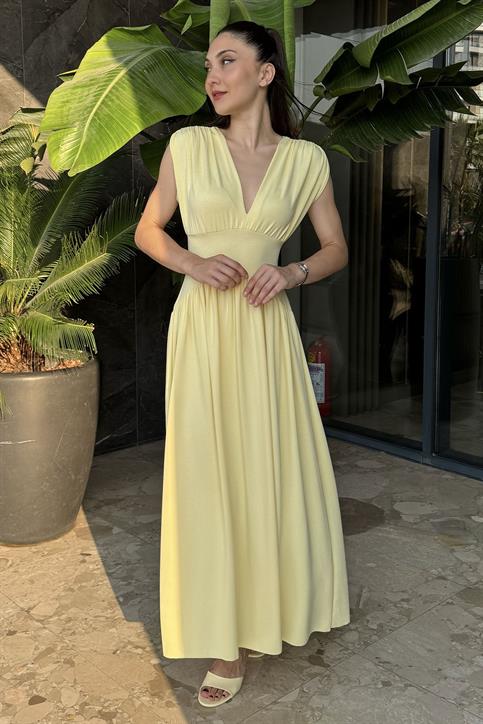 Sarı Üçgen Yaka Modal Elbise