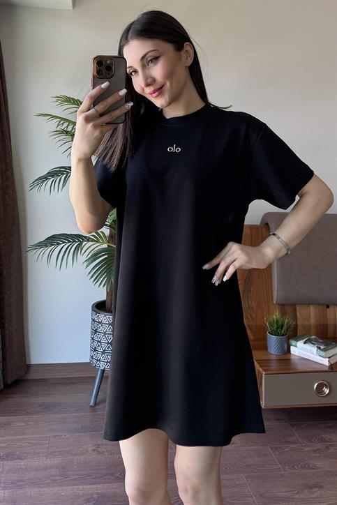 Siyah Alo Gümüş Baskılı Oversize Elbise