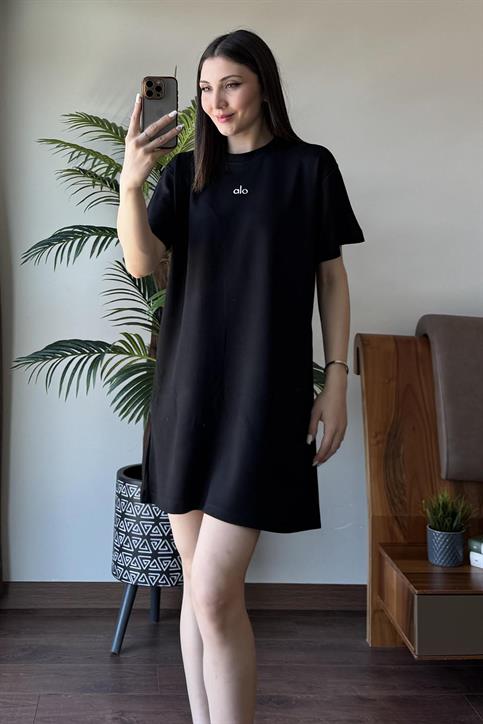 Siyah Alo Gümüş Baskılı Oversize Elbise