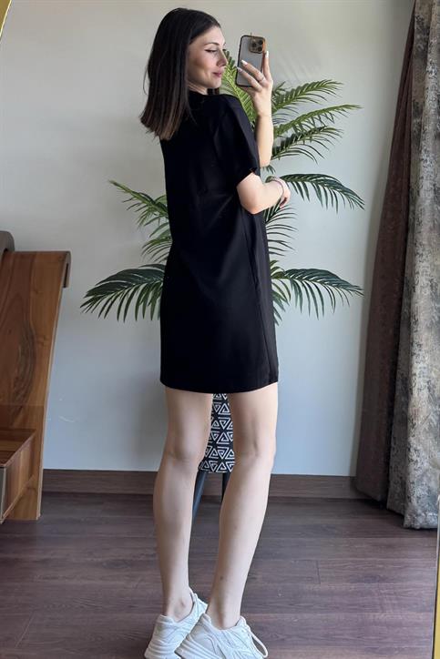 Siyah Alo Gümüş Baskılı Oversize Elbise