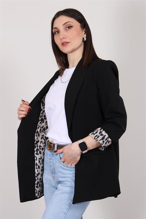 Siyah Atlas Kumaş Leopar Astarlı Blazer Ceket
