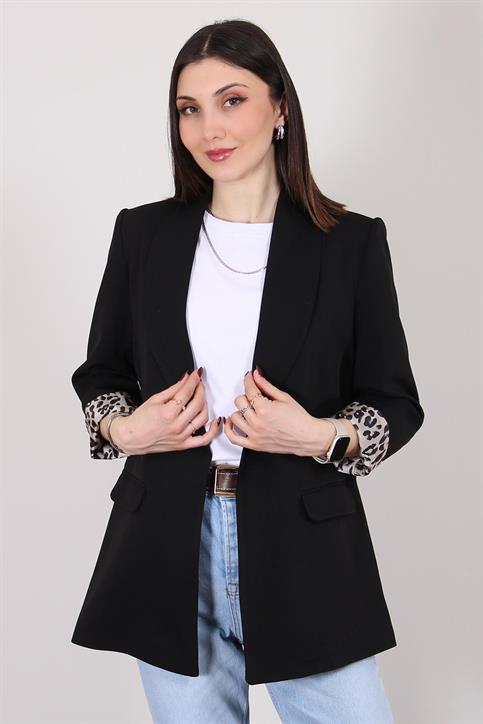 Siyah Atlas Kumaş Leopar Astarlı Blazer Ceket