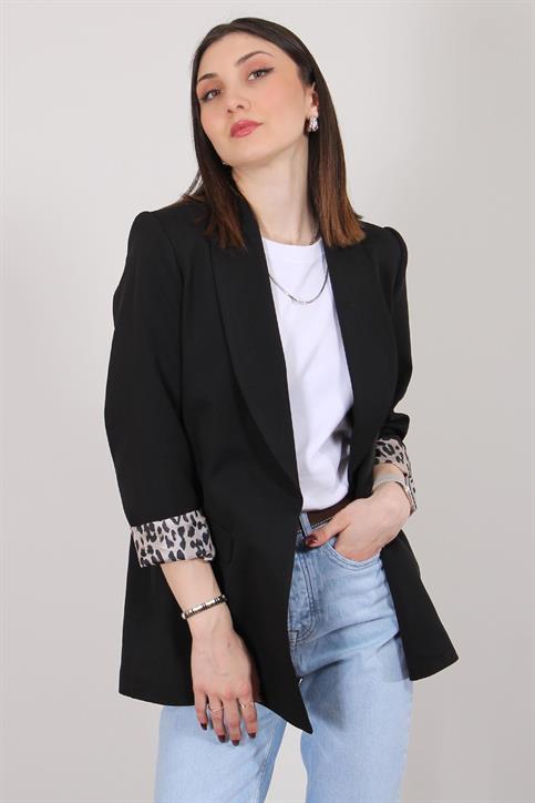 Siyah Atlas Kumaş Leopar Astarlı Blazer Ceket