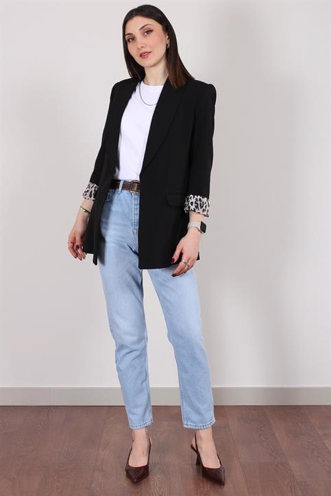 Siyah Atlas Kumaş Leopar Astarlı Blazer Ceket