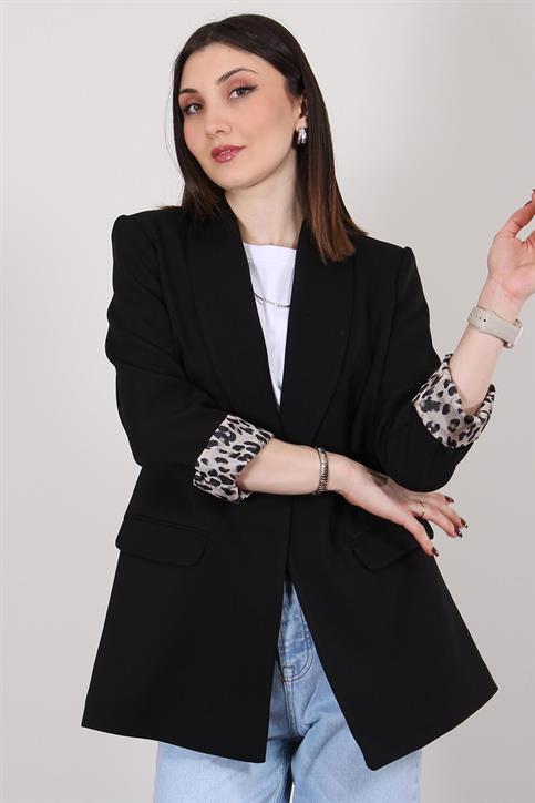 Siyah Atlas Kumaş Leopar Astarlı Blazer Ceket