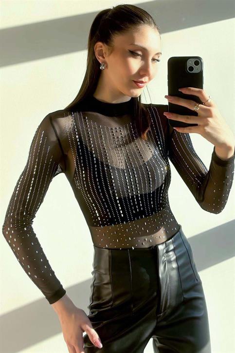 Siyah Baget Taşlı Transparan Bodysuit