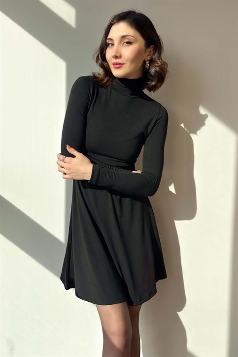 Siyah Balıkçı Yaka İnterlok Mini Elbise