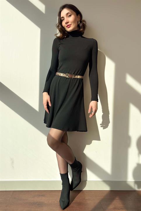 Siyah Balıkçı Yaka İnterlok Mini Elbise