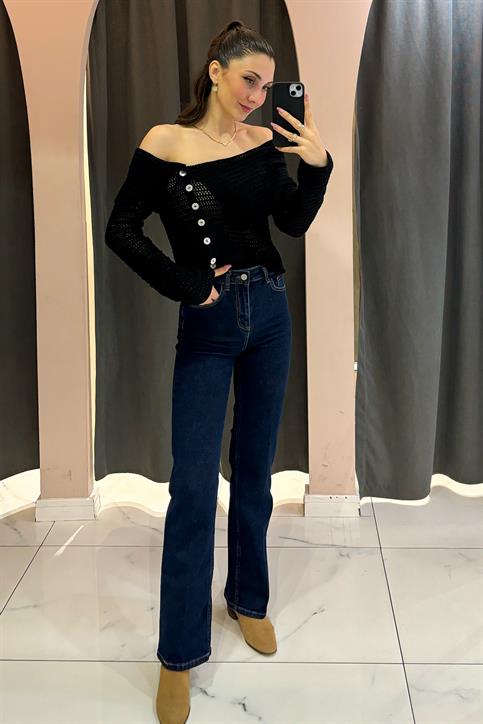 Siyah Bardot Yaka Düğmeli Ajurlu Kazak