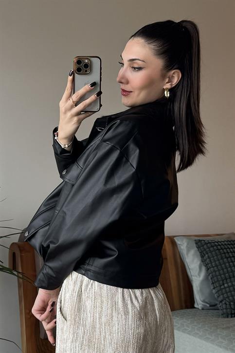 Siyah Beli Lastikli Boyfriend Deri Ceket