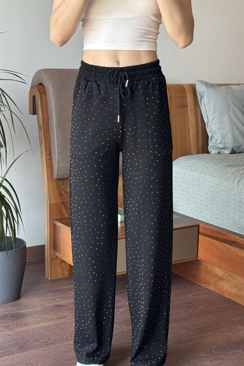 Siyah Beli Lastikli Taşlı Pantolon