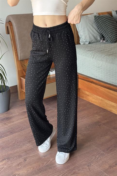 Siyah Beli Lastikli Taşlı Pantolon