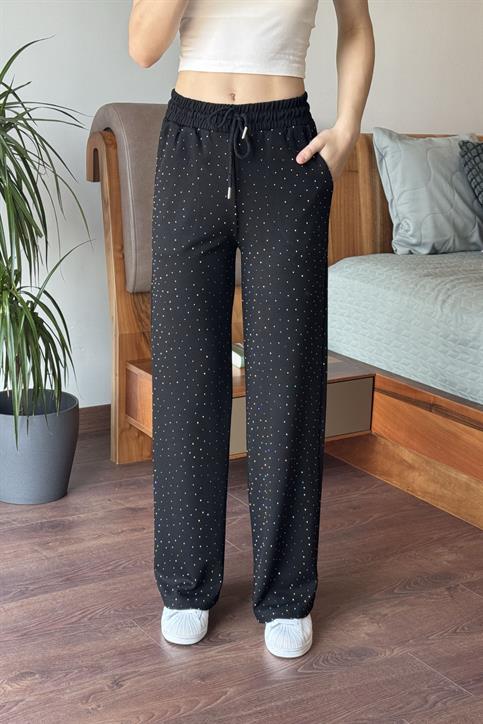 Siyah Beli Lastikli Taşlı Pantolon