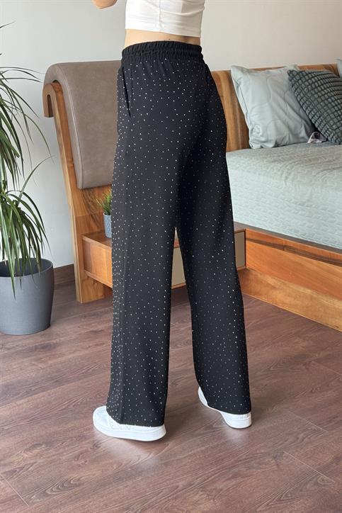Siyah Beli Lastikli Taşlı Pantolon