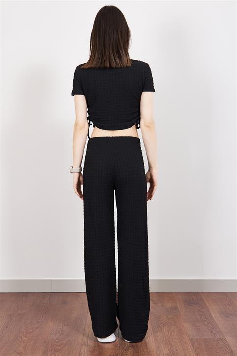 Siyah Büzgülü Crop ve Pantolon Takım