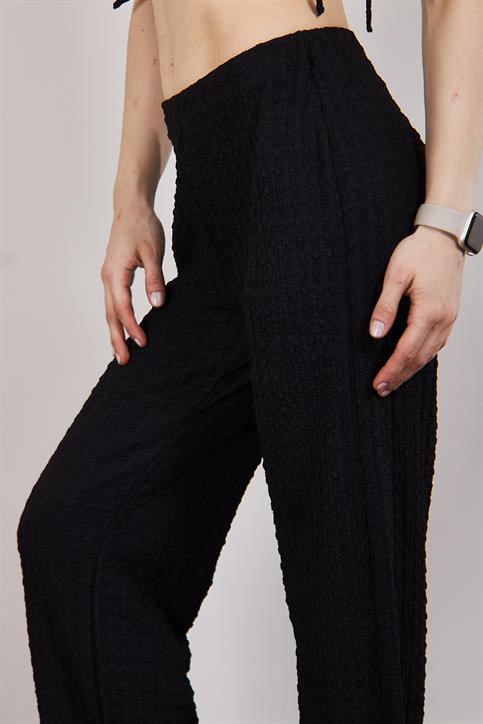 Siyah Büzgülü Crop ve Pantolon Takım