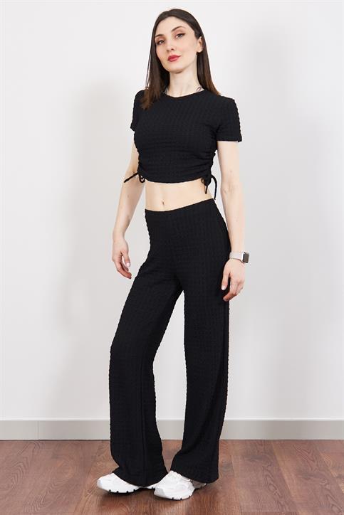 Siyah Büzgülü Crop ve Pantolon Takım