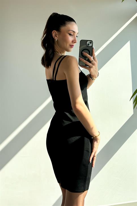 Siyah Çift Askılı Triko Elbise