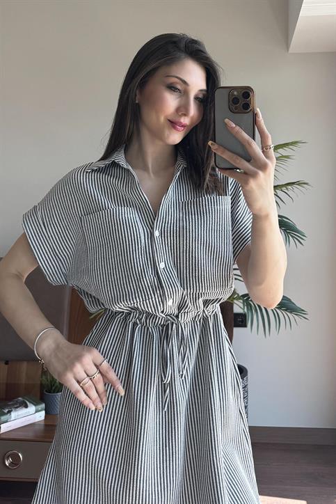 Siyah Çizgili Cep Detaylı Elbise