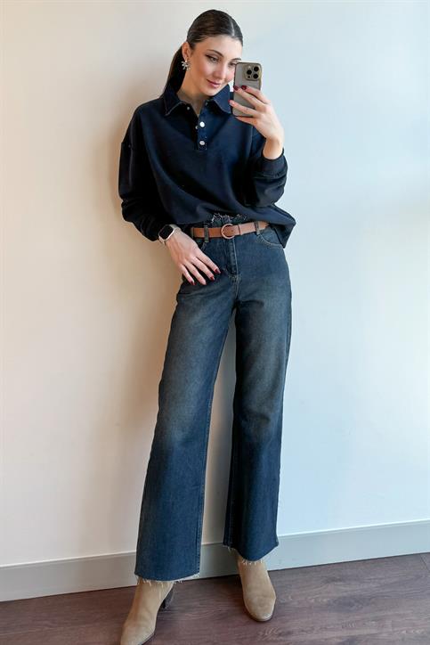 Siyah Denim Garnili Sweatshirt
