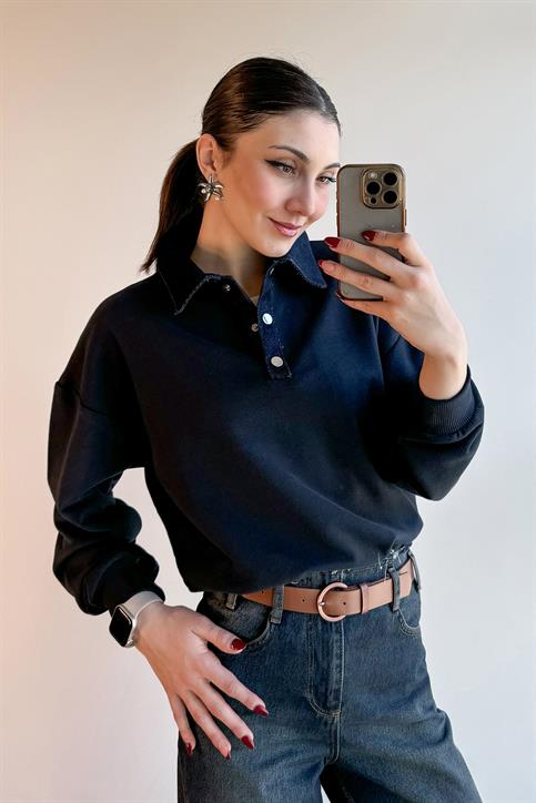 Siyah Denim Garnili Sweatshirt