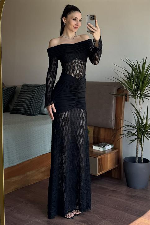 Siyah Drape Detaylı Dantel Elbise