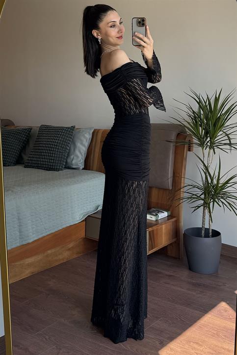 Siyah Drape Detaylı Dantel Elbise
