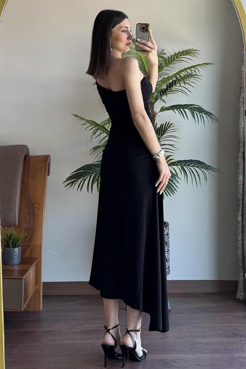 Siyah Drape Detaylı Tek Omuz Elbise