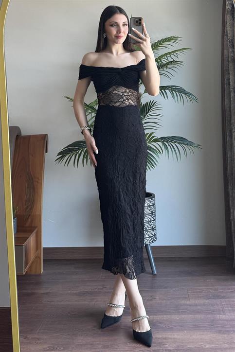 Siyah Düğümlü Straplez Yaka Dantel Elbise