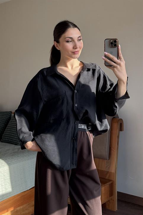 Siyah Düşük Omuzlu Oversize Gömlek