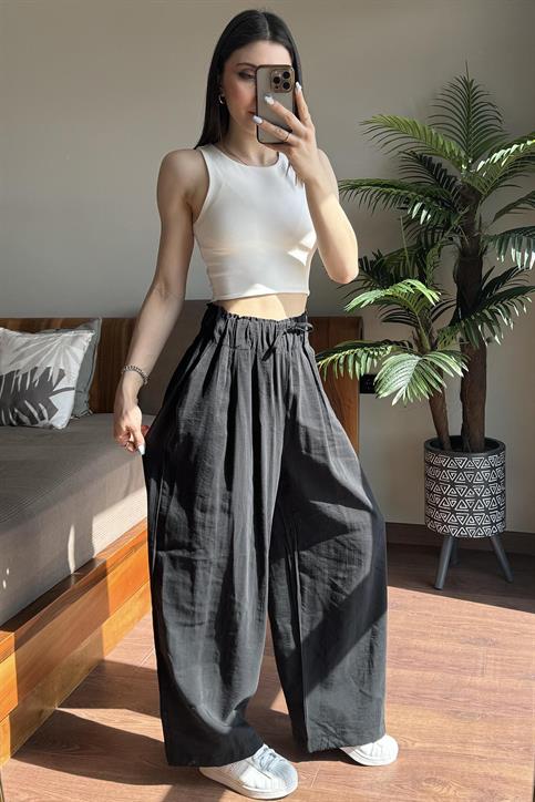 Siyah Elastik Belli Modal Kumaş Relax Pantolon