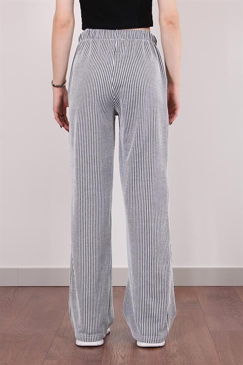 Siyah Elastik Belli Straight Fit Çizgili Pantolon
