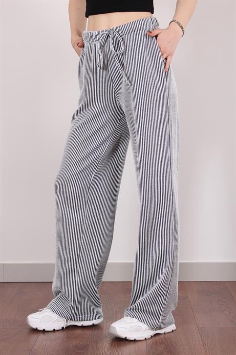 Siyah Elastik Belli Straight Fit Çizgili Pantolon