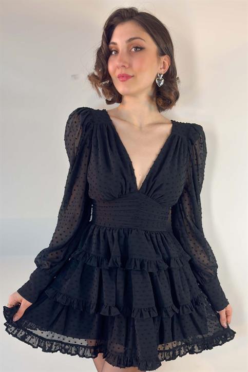 Siyah Fırfır Detaylı Elbise