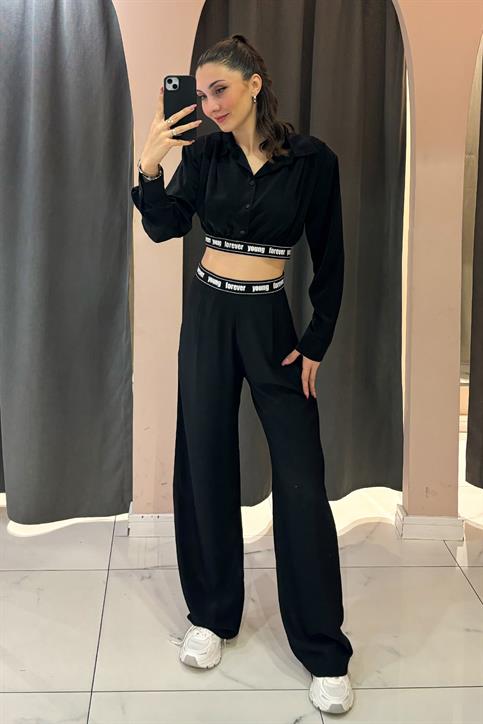 Siyah Forever Young Baskılı Kemer Detaylı Beli Lastikli Pantolon