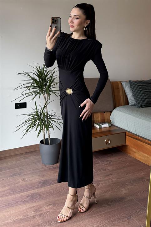 Siyah Güneş Tokalı Drape Detaylı Elbise