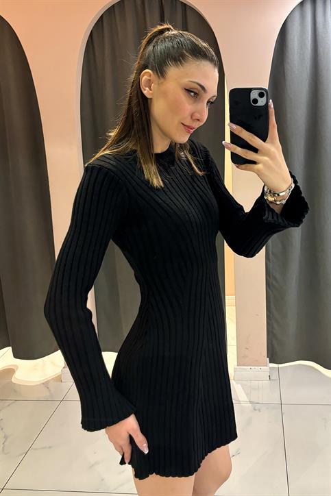 Siyah İspanyol Kollu Triko Elbise