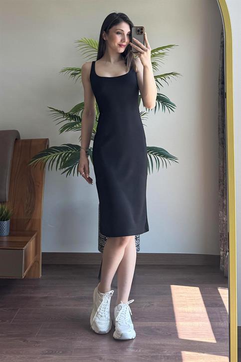 Siyah Kalın Askılı Astarlı Elbise