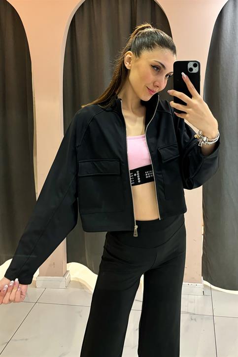 Siyah Kare Cepli Fermuarlı Sweatshirt