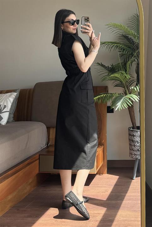 Siyah Kargo Cepli Elbise