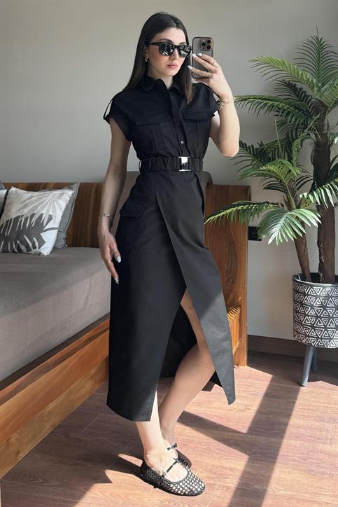 Siyah Kargo Cepli Elbise